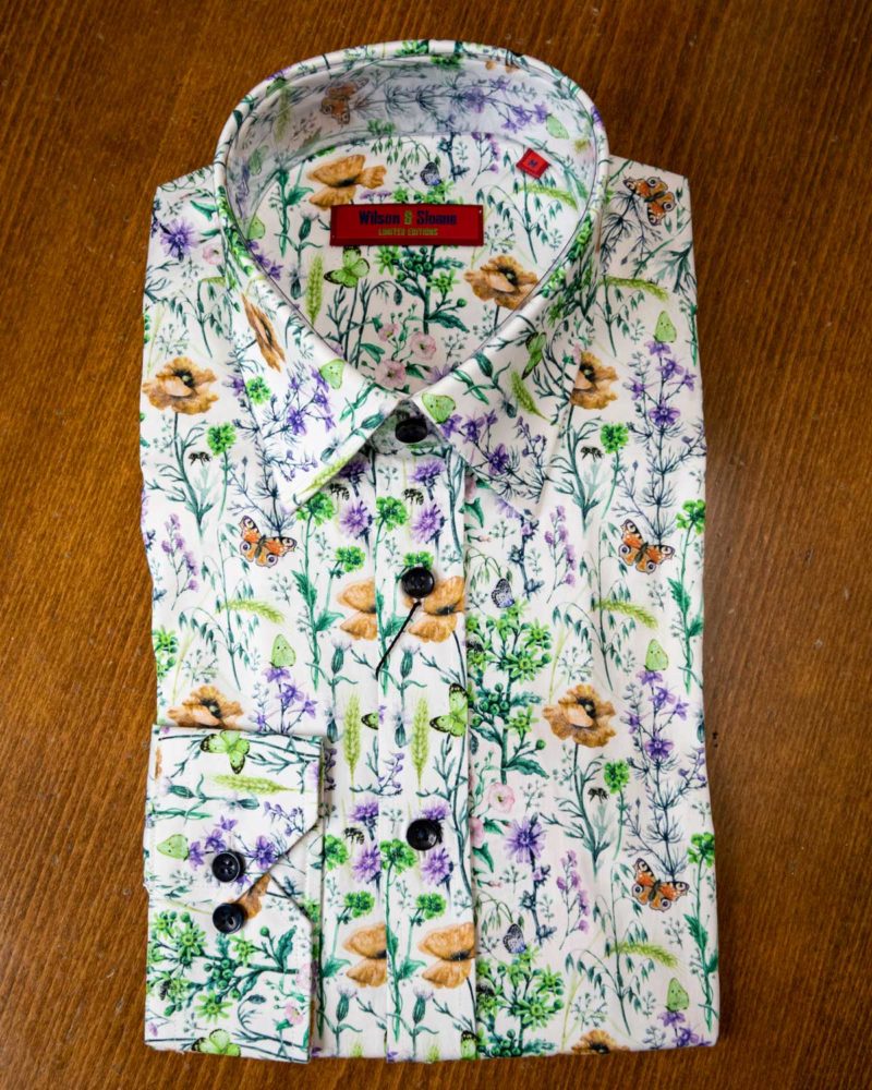 Wilson and Sloane shirt with late summer flowers and butterflies on white cotton