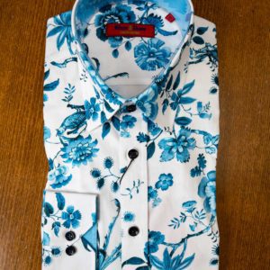 Wilson and Sloane shirt, exotic blue birds and flowers on white cotton with a blue lining on collar and cuffs.