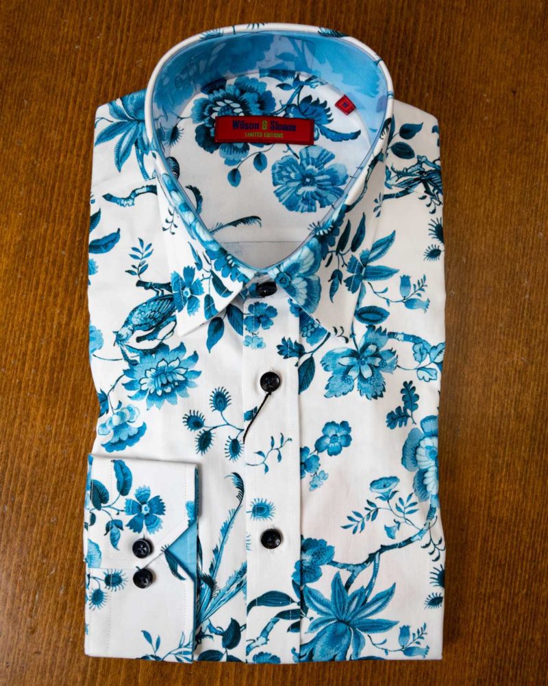 Wilson and Sloane shirt, exotic blue birds and flowers on white cotton with a blue lining on collar and cuffs.