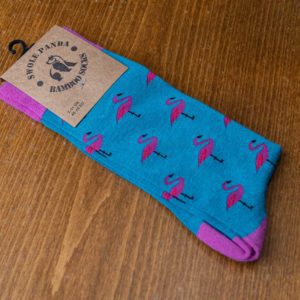 Swole Panda bamboo sock in pale blue with flamingos