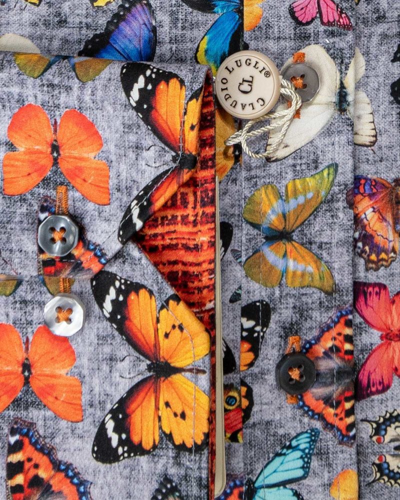 Claudio Lugli shirt on grey cotton with bright butterflies with an orange patterned lining on cuffs and collar