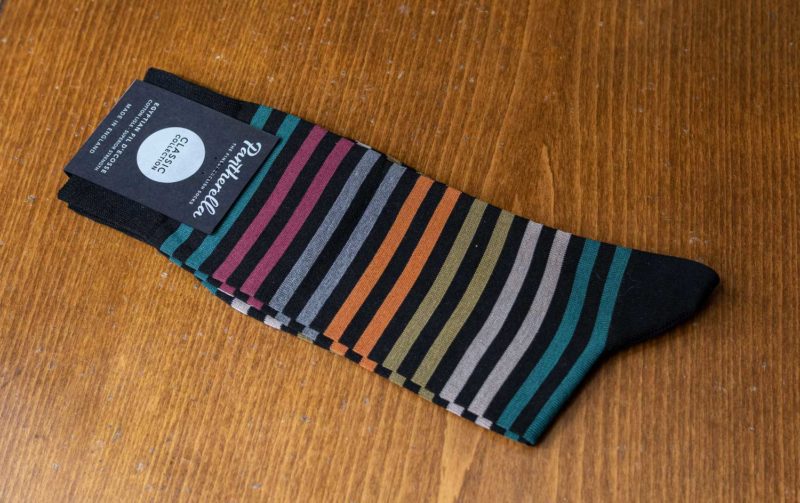 Pantherella Classic sock in black with blue and orange stripes
