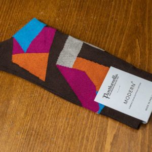 Pantherella Modern sock in mocha with orange, blue and pink shapes