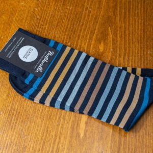 Pantherella Classic sock in navy with blue, yellow and brown stripes
