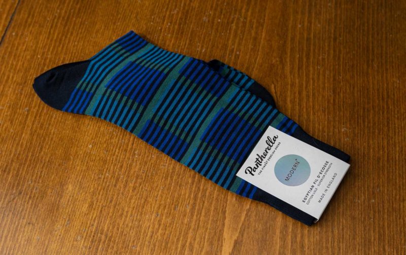 Pantherella Modern sock in navy with blue and green stripes