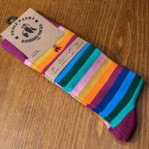 Swole Panda bamboo sock with pink, blue and yellow stripes