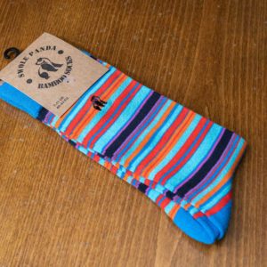 Swole Panda bamboo sock, blue with red, orange and purple stripes
