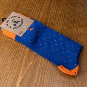 Swole Panda bamboo sock in blue with orange spots