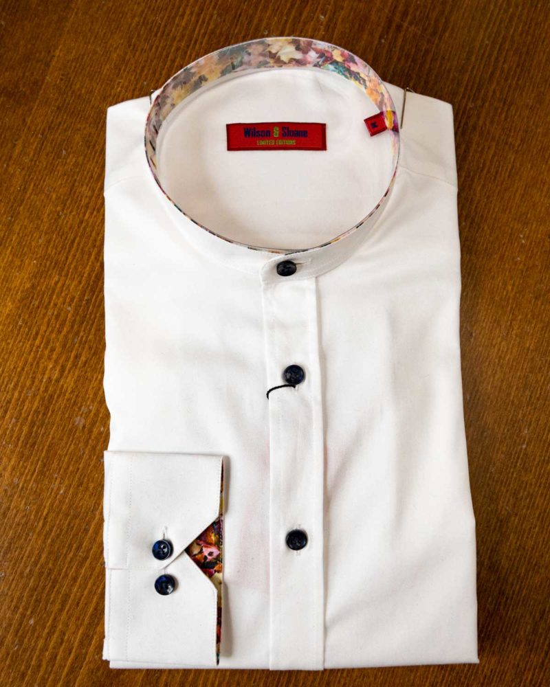 Wilson and Sloane shirt in white cotton with grandfather collar.