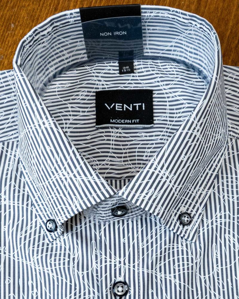 Venti shirt with white line art on grey and white pinstripe cotton.