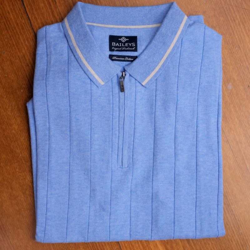 Baileys short sleeved polo shirt in pale blue with cream detail on collar