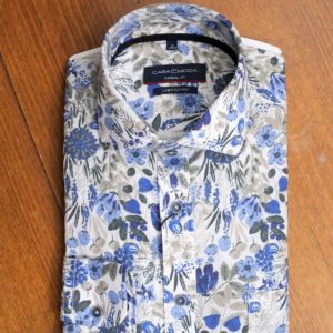 Casa Moda shirt with blue and pale grey flowers and foliage on white
