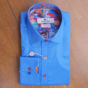 Claudio Lugli shirt in blue with coloured button and multicoloured lining from Gabucci Menswear Bath