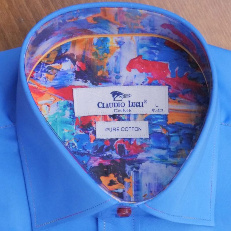 Claudio Lugli shirt in blue with coloured button and multicoloured lining from Gabucci Menswear Bath