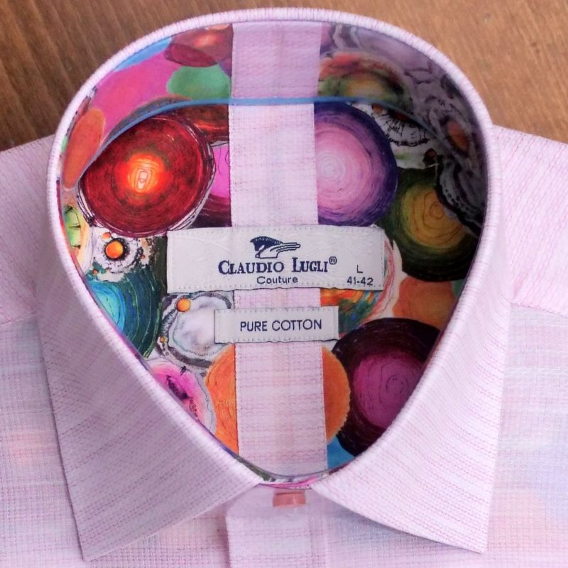 Claudio Lugli shirt in pink with ribbed effect coloured buttons and multicoloured lining