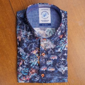 A Fish Named Fred shirt with multi coloured vintage VW campers and foliage on blue cotton. Very stylish. From Gabucci Menswear Bath