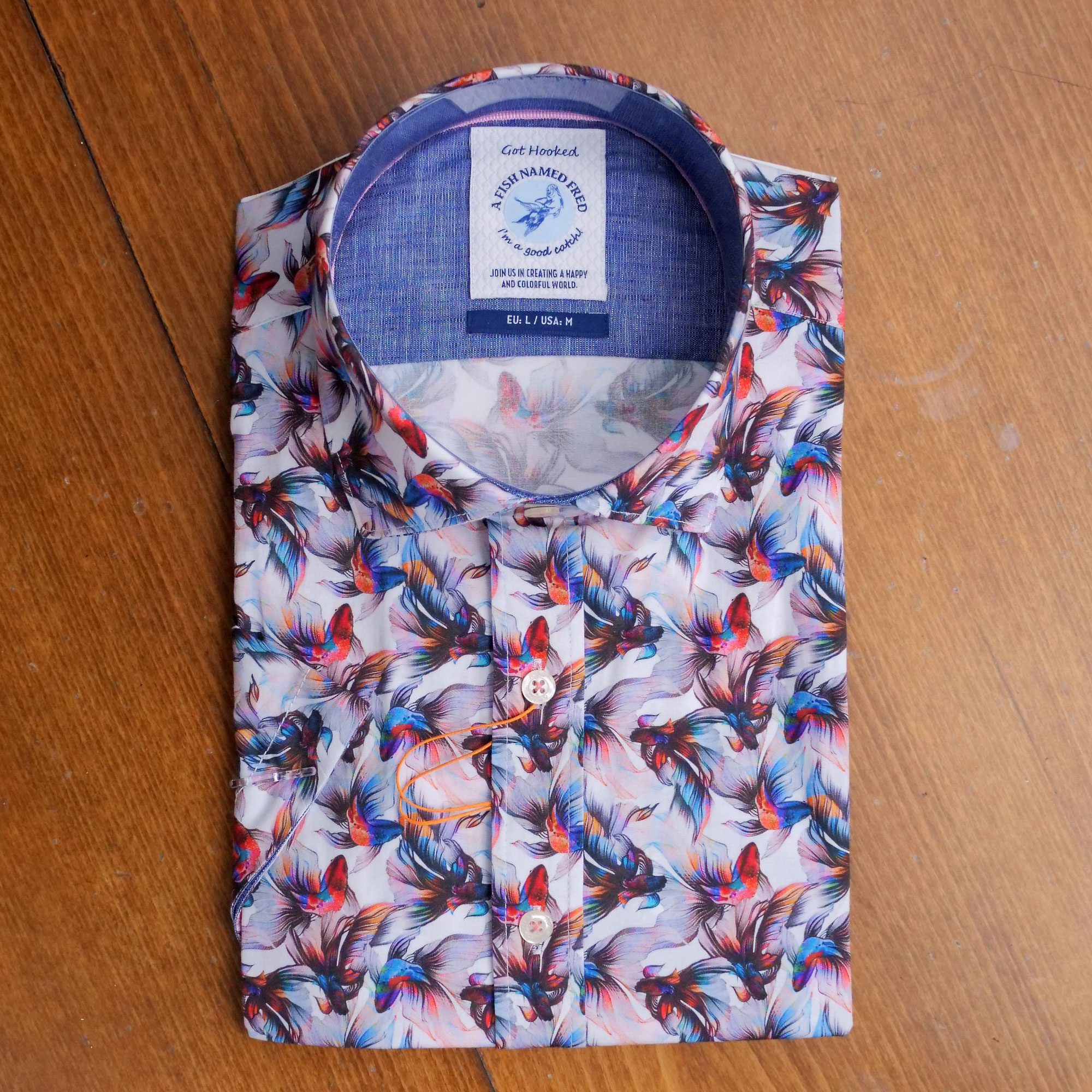 A Fish Named Fred Shirt With Exotic Coloured Fish On White Cotton.