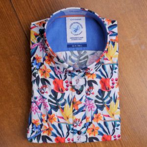 A Fish Named Fred shirt with large exotic flowers on white cotton. Very bright, perfect for summer. From Gabucci Menswear Bath