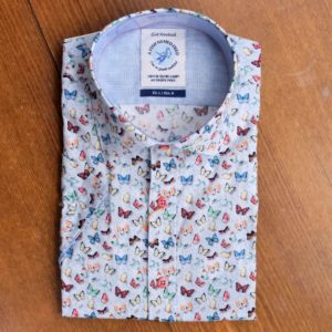 A Fish Named Fred shirt with small butterflies on pale blue cotton. From Gabucci Menswear Bath