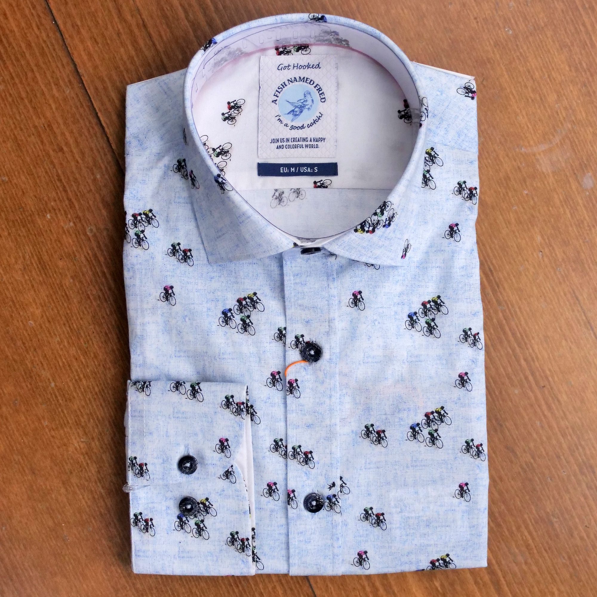 A Fish Named Fred shirt with tiny racing bicycles on pale blue cotton. Perfect for the cyclist in your life. From Gabucci Menswear Bath