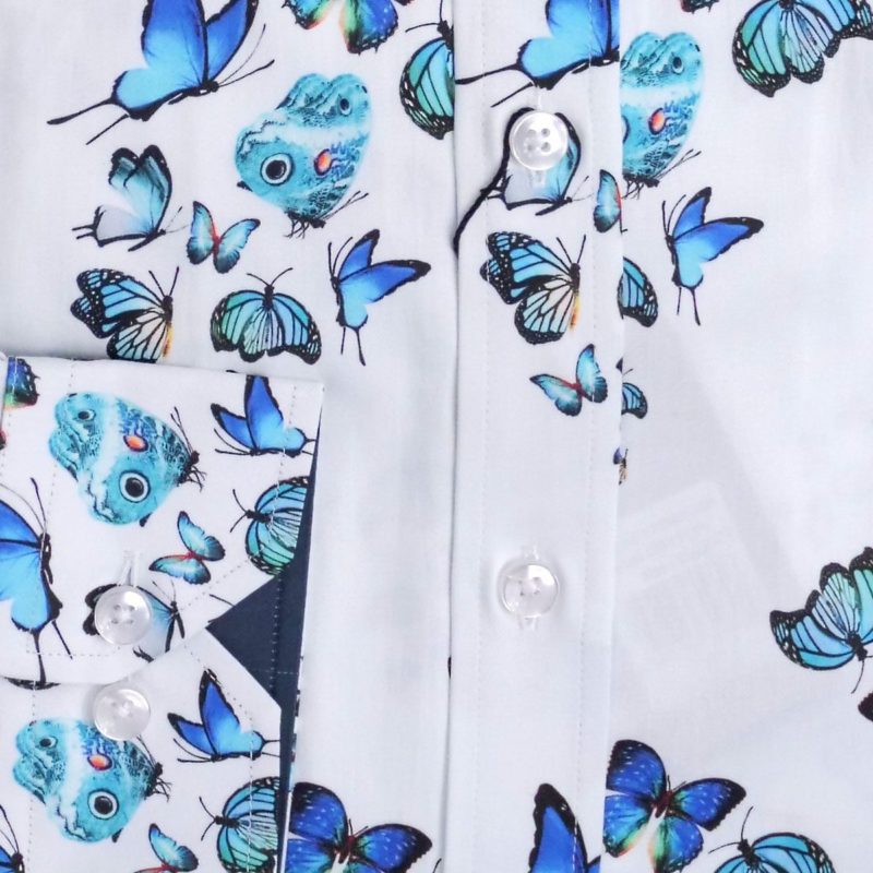 Gabucci shirt with bright blue and butterflies on white.