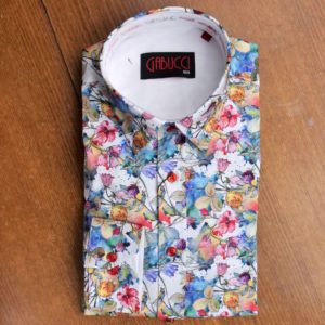 Gabucci shirt with coloured foliage and red buttons on white