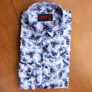 Gabucci shirt with large blue and black poppy flowers on white