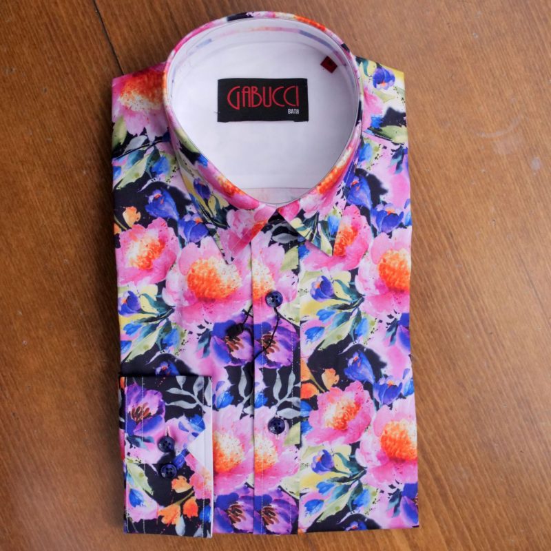 Gabucci shirt with pink, yellow and blue peonies