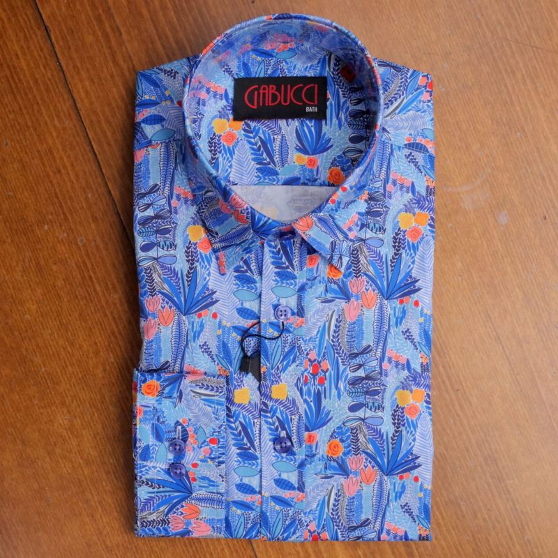 Gabucci shirt with pink, yellow and orange flowers on blue