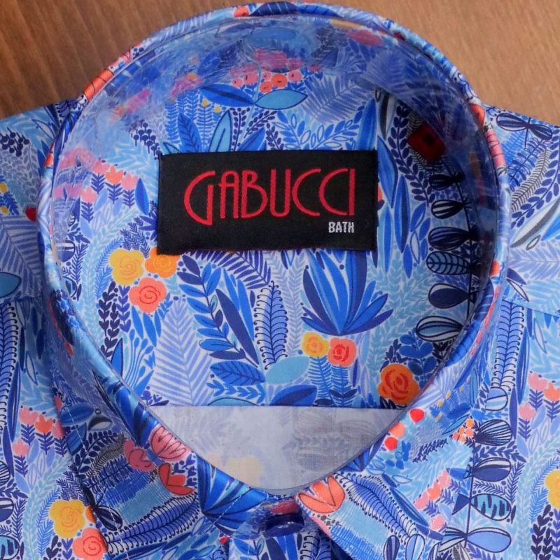 Gabucci shirt with pink, yellow and orange flowers on blue