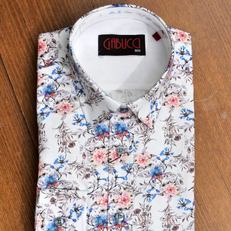 Gabucci shirt with tiny blue and pink larkspur flowers on white