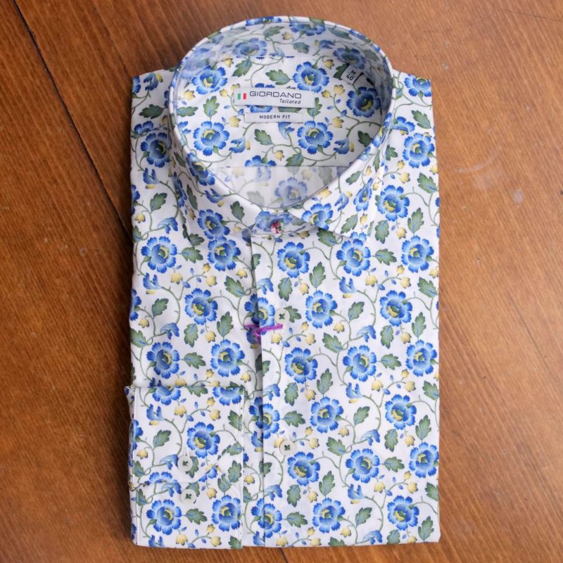 Giordano shirt with small blue flowers on white liberty fabric