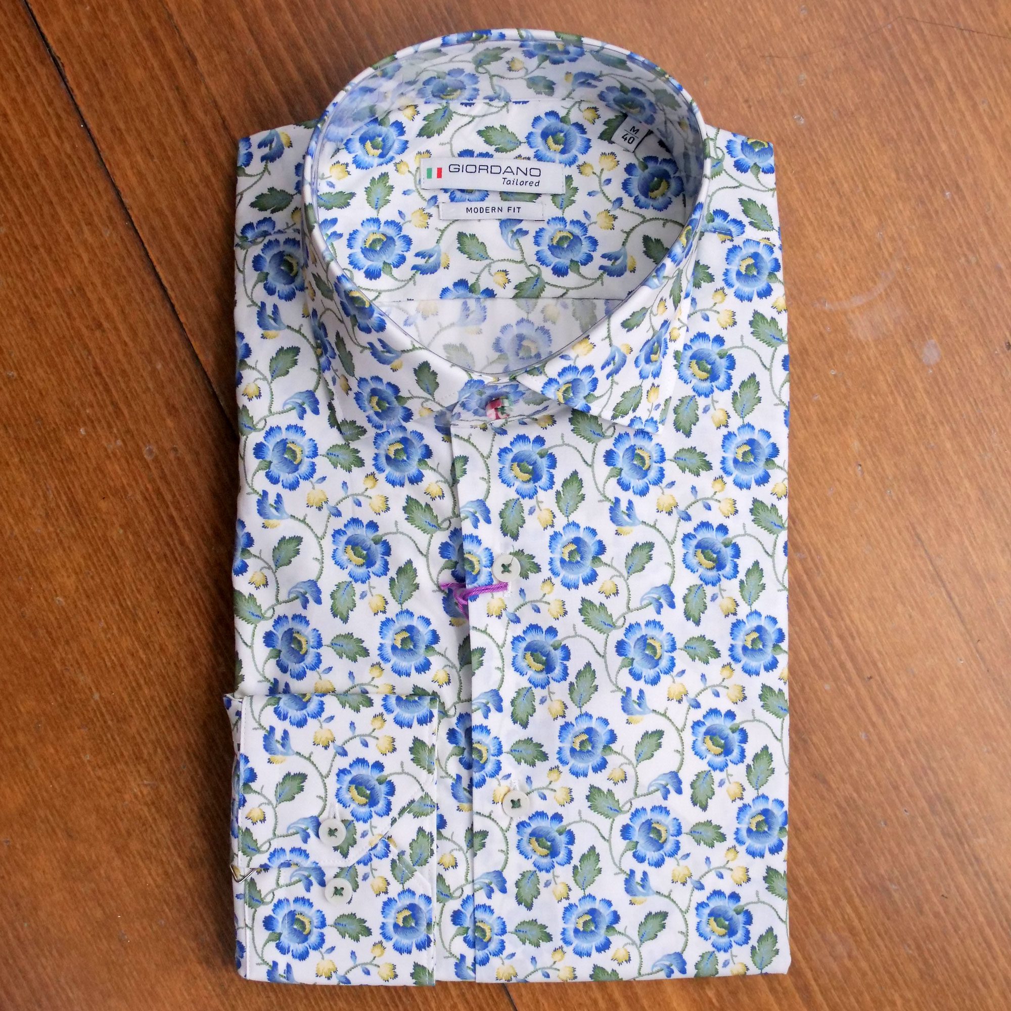 Giordano shirt with small blue flowers on white liberty fabric ...
