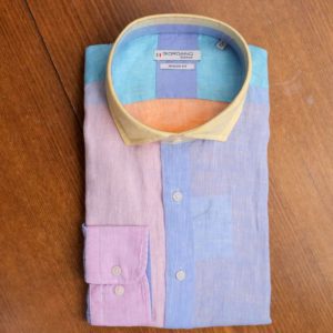 Giordano shirt with blue, pink and yellow blocks 100% linen
