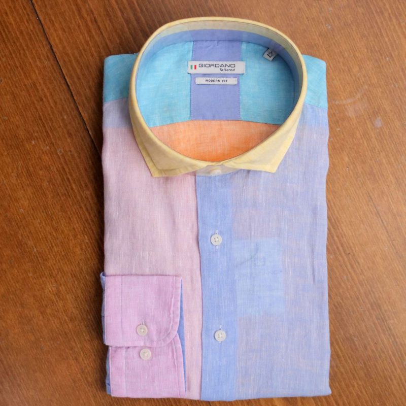 Giordano shirt with blue, pink and yellow blocks 100% linen