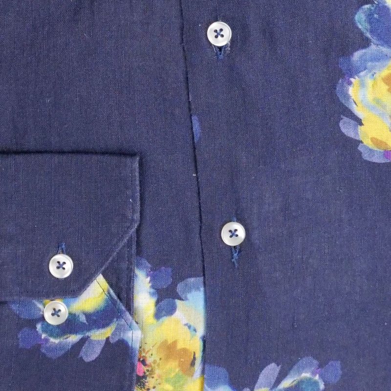 Giordano shirt with blue and yellow flowers on dark blue