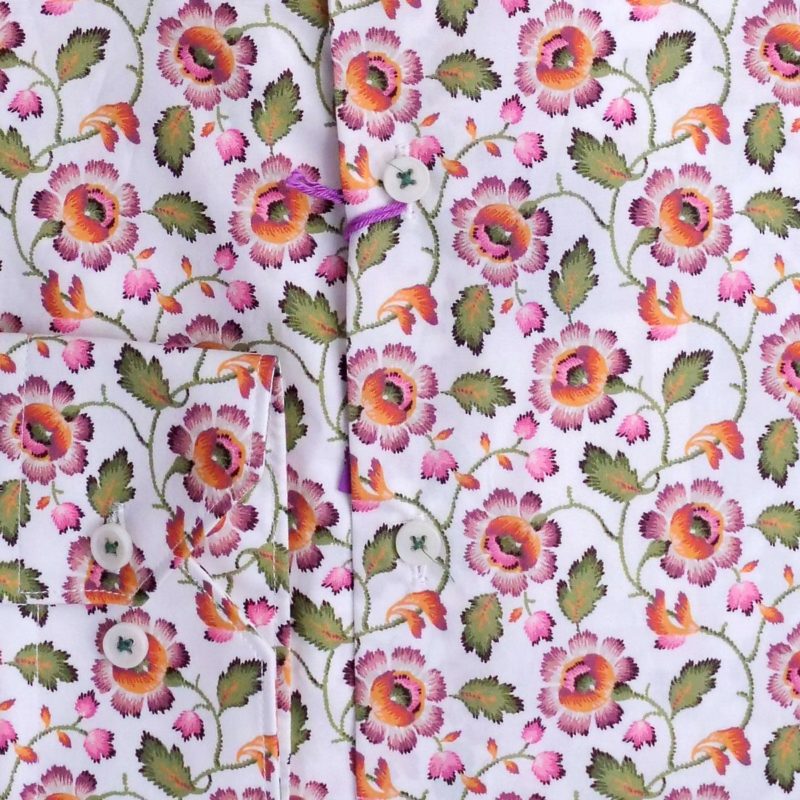 Giordano shirt with small pink flowers on white liberty fabric