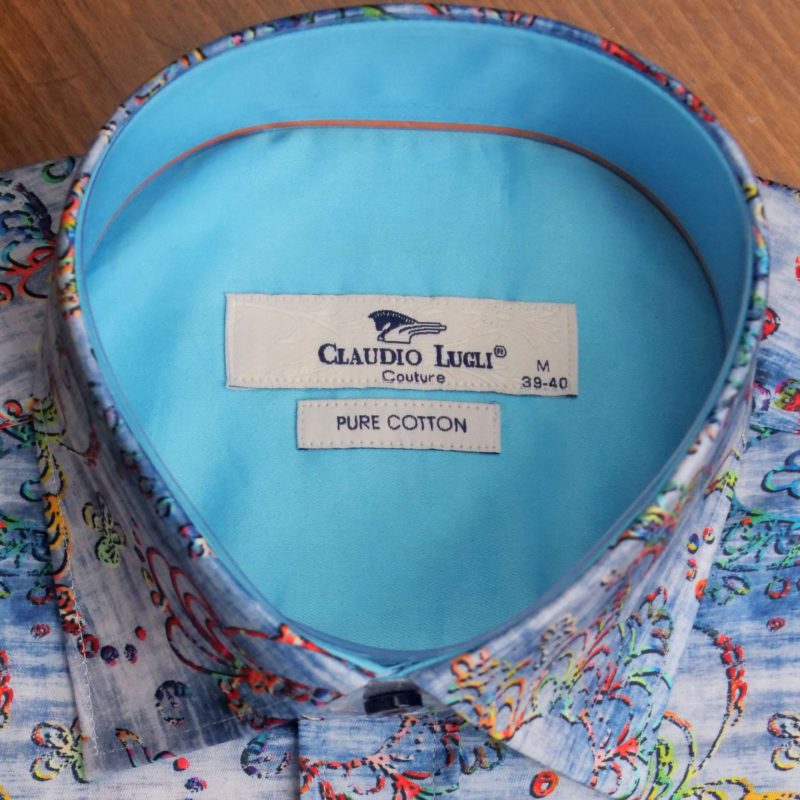 Claudio Lugli shirt with colourful leaf patterns on a sky blue pattern with a pale blue lining from Gabucci menswear Bath