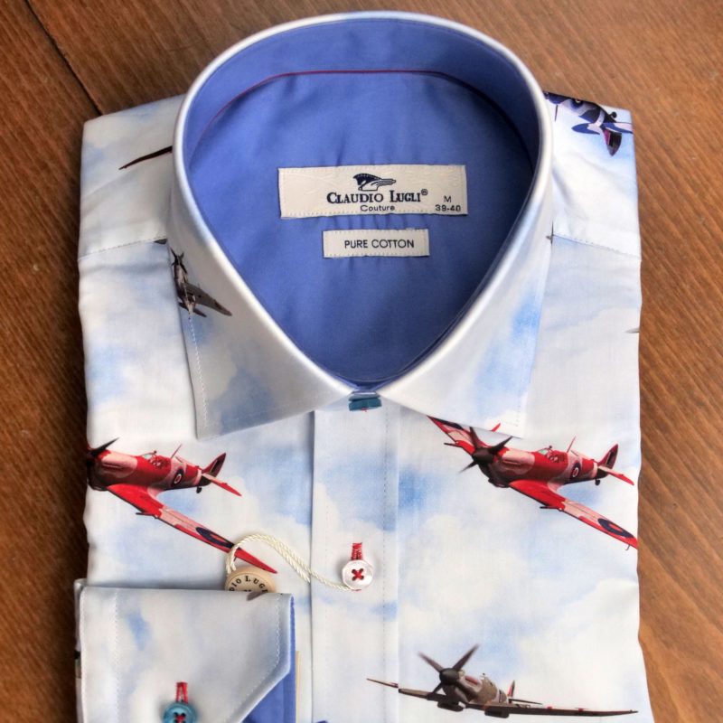 Claudio Lugli shirt with red and brown spitfires on a sky blue pattern with a blue lining from Gabucci Menswear Bath