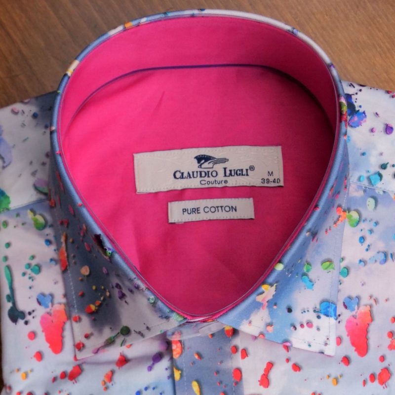 Claudio Lugli shirt with colourful 3d paint design on sky with a bright pink lining from Gabucci Menswear Bath