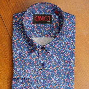 Gabucci shirt with tiny blue, yellow and pink meadow flowers on blue