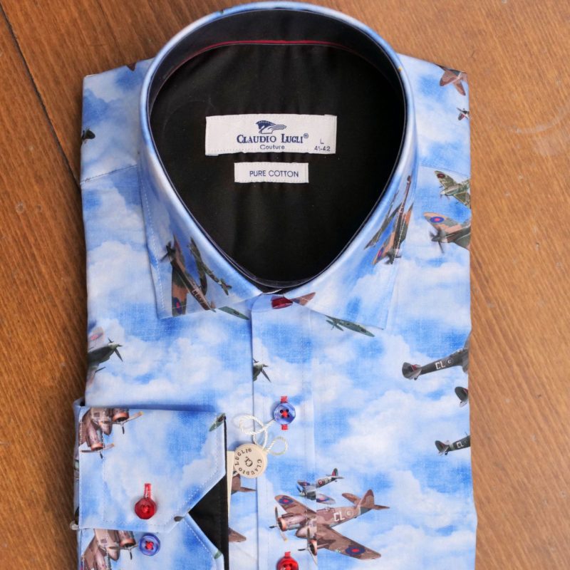 Claudio Lugli shirt with pairs of spitfires on a sky blue pattern with a black lining from Gabucci Menswear Bath