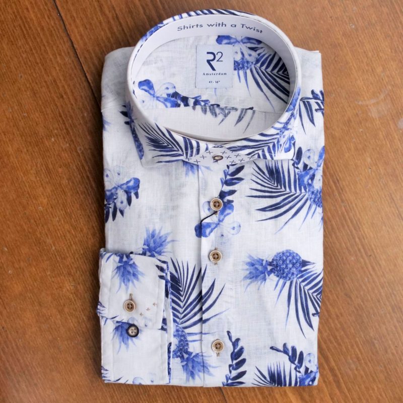 R2 shirt with blue pineapple palms on white