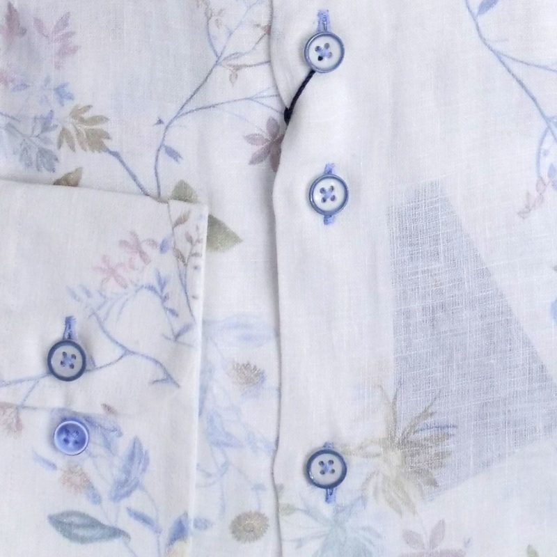 R2 shirt with pale blue flowers on white