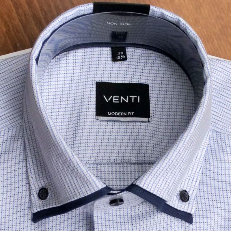 Venti shirt with blue pattern on white with dark blue collar edge and buttons