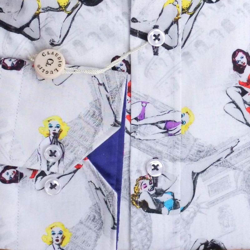 Claudio Lugli shirt with 1950s bikini icons on historic monuments on white with blue lining from Gabucci Menswear Bath