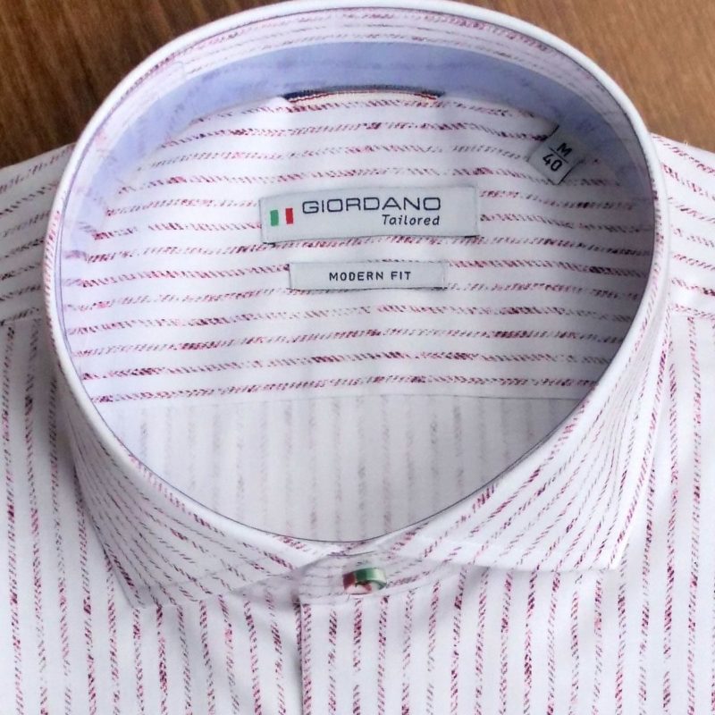 Giordano shirt with a broad pink zig zag pinstripe on white