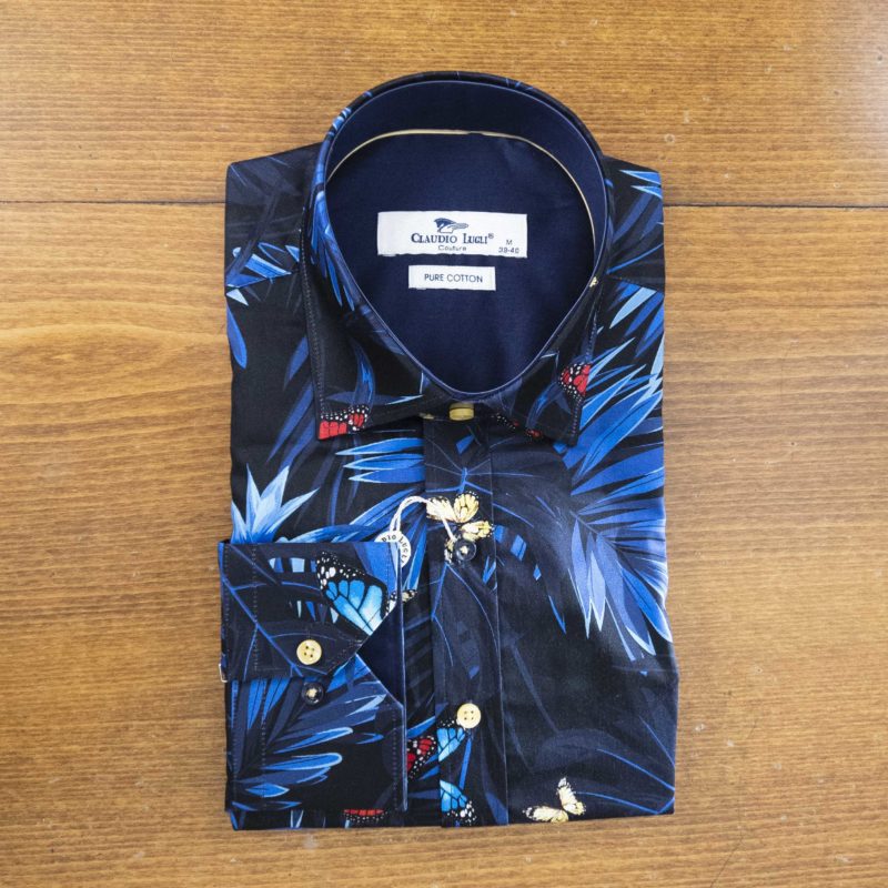 Claudio Lugli shirt blue leaves against a night sky with colourful butterflies, with a midnight blue lining