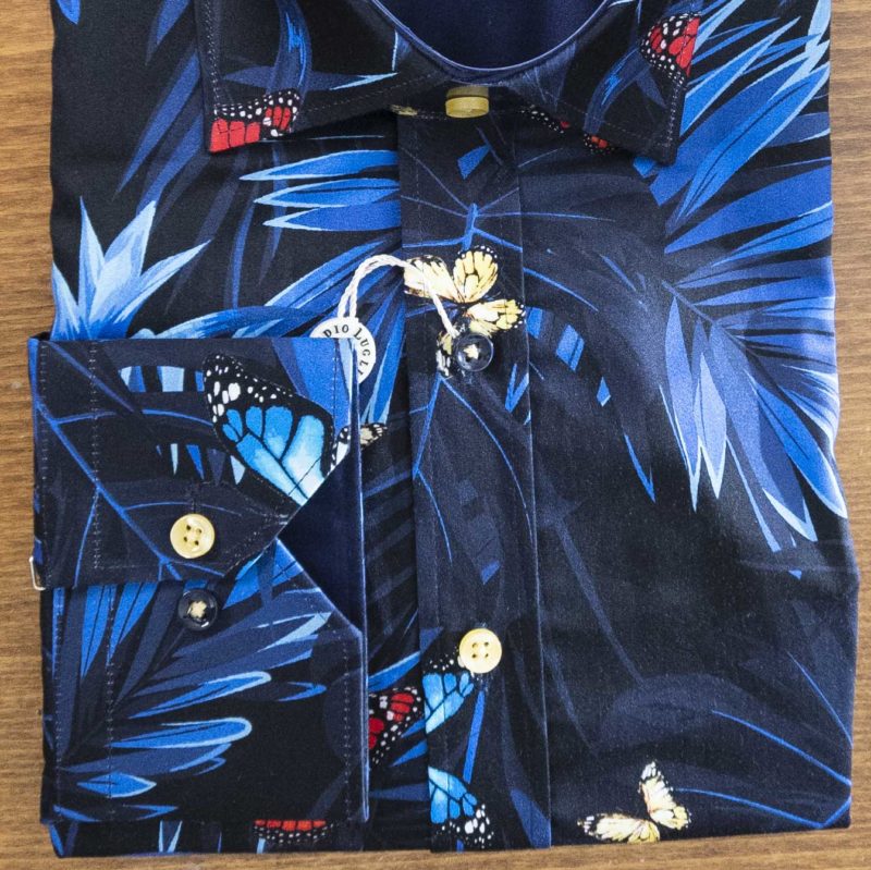 Claudio Lugli shirt blue leaves against a night sky with colourful butterflies, with a midnight blue lining