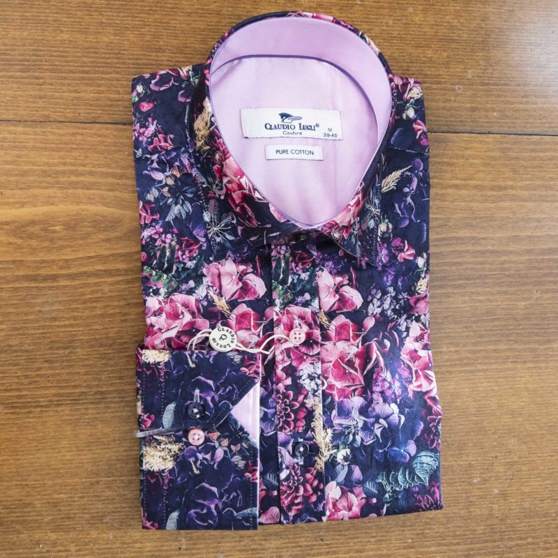 Claudio Lugli shirt pink and blue flowers dark blue background with pink lining